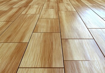 Perspective view of a light brown wooden floor tiles, showing rectangular patterns, reflecting light, detailed wood grain texture, with a slight