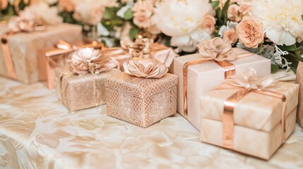 A table with a variety of gold and white gifts