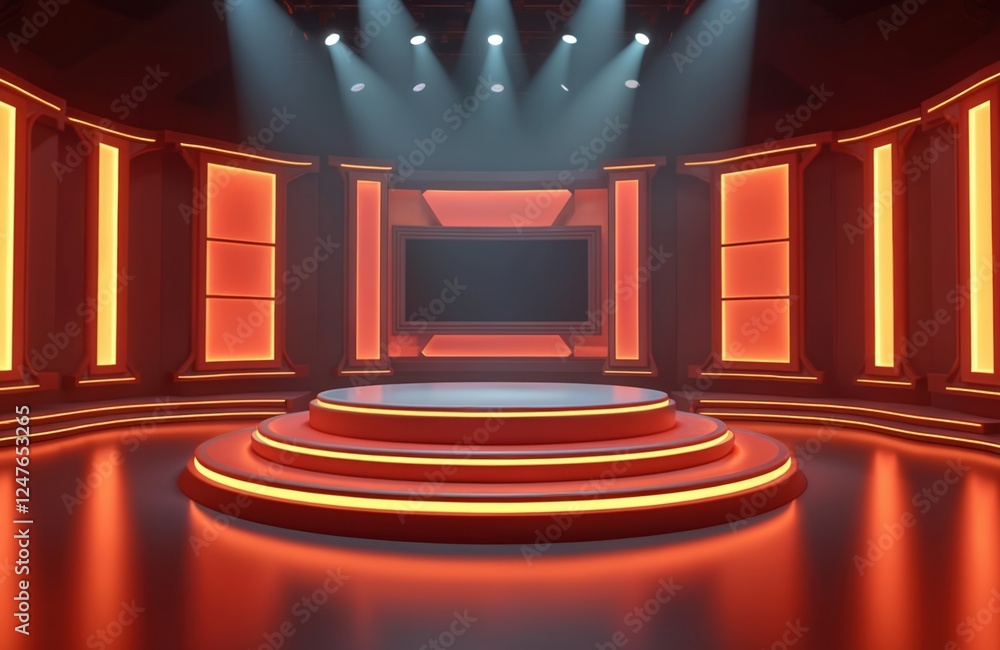 Poster empty circular platform with led lighting in modern tv game show studio. futuristic design. suitable