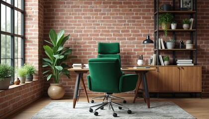 Modern office space with brick wall, green chair. Stylish interior design. Empty wooden desk. Green velvet office chairs. Plants, bookshelves add touch of nature. Warm wooden cabinets, parquet floor.