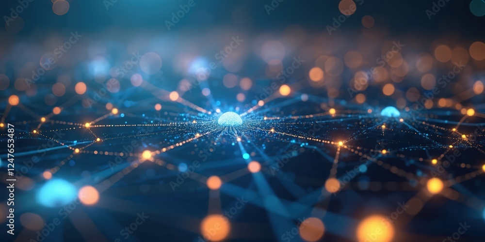 Poster abstract digital network illustration shows glowing nodes, connections. futuristic tech design with 