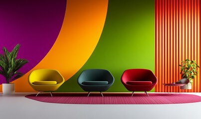 Bright and lively living room showcasing a neon green wall, abstract art, and a curvy pink sofa