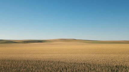Obraz premium Golden wheat field under clear blue sky in a vast and serene landscape view