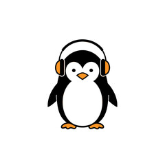 Fototapeta premium Cartoon Penguin Wearing Orange Headphones Enjoying Music on a White Background