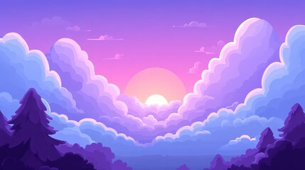 Fototapeta premium Pastel pixel art landscape, sunrise or sunset, fluffy clouds, purple and pink tones, pixelated forest trees, peaceful and serene atmosphere