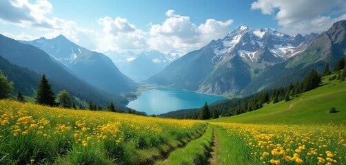 Fototapeta premium Scenic mountain meadows extend to tranquil alpine lake. Greenery, vibrant yellow flowers carpet hillsides. Majestic peaks, clear sky complete picture postcard landscape. Sunny day. Perfect alpine