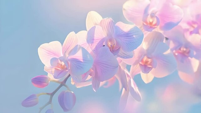 Pink orchid flowers on dreamy blue background with copy space. Chinese new year, Valentine day, Wedding and Mother day celebration. Romantic spring floral design. Asian culture greeting card.