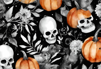 watercolor leaves stylish pumpkins black white flowers background template poster postcard halloween protea invitation bones illustration october fall orange bone pumpkin card decor floral flower