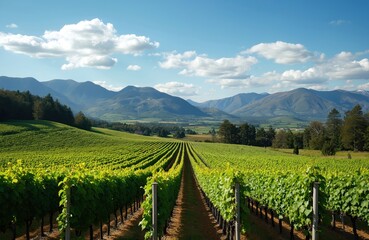 Fototapeta premium Vast vineyard landscape stretches across hills under sunny day. Rich green grapevines form rows. Marlborough region of New Zealand evident. Scenic countryside view. Agricultural scene shows healthy