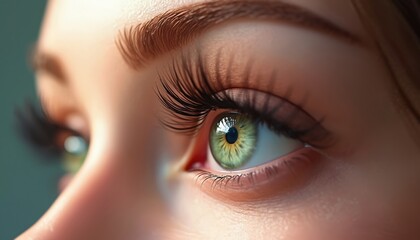 Obraz premium Close-up view of woman eye with long eyelashes. Beauty salon procedure. Young adult female model. Pro makeup artist working on eye extensions. Focus on eye area, lashes. Trendy look. Artificial