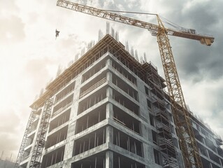 Fototapeta premium Construction Site Building with Tall Crane Against a Dramatic Cloudy Sky Backdrop Urban Development