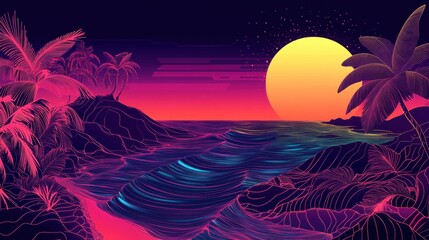 Vibrant neon sunset over tropical beachscape.