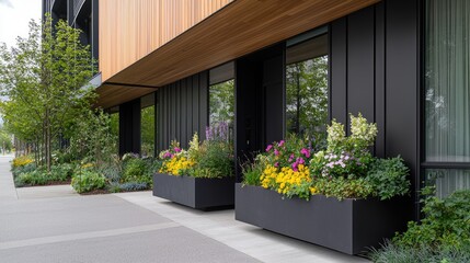 Fototapeta premium Modern building exterior, flower boxes, city street