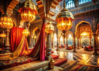 Obraz premium Mystical palace lighting: surreal photography captures dreamlike Indian royal hanging lamps.