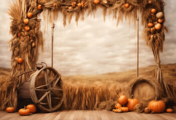 photo harvest themed backdrop created booth technology autumn fall party wedding leaf wood light candle farm hay straw bail pumpkin wallpaper background decoration celebration wall elegant rustic