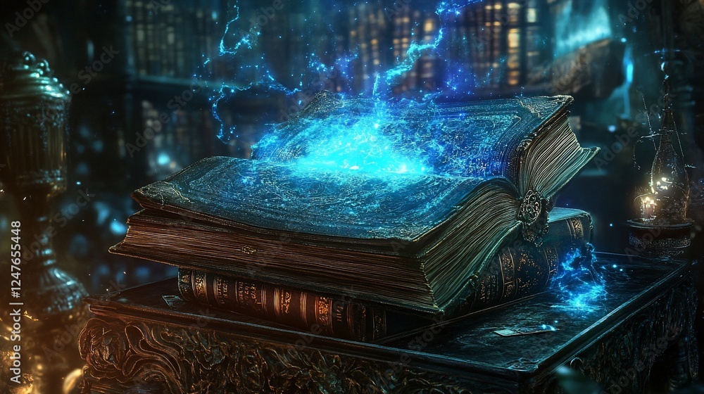 Poster magical book with glowing blue light in a dark library setting on a table