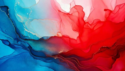An expressive red and azure watercolor wash, blending abstract patterns for use in backgrounds and web banner designs
