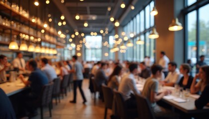 Busy restaurant scene with many people dining. Staff serving at tables. Chefs, bartender working in restaurant. Interior modern, busy. Many people eating, drinking. Blurred motion creates lively