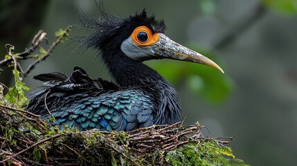 Fototapeta premium A striking bird with vibrant colors perched in a nest among greenery.