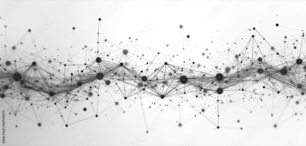 Poster abstract illustration shows complex network connections. interconnected dots, lines represent data f