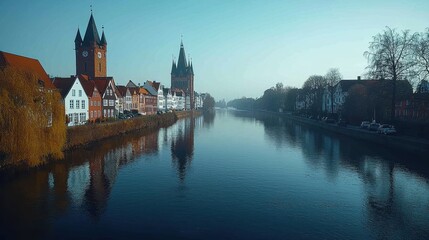 Naklejka premium Scenic view of a river with historic buildings and towers in the background.