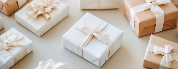 A row of white and brown boxes with bows on them