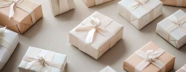 A row of white and tan boxes with ribbons tied around them