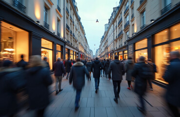 Fototapeta premium Busy Parisian street at dusk. Large crowd of people walks quickly down street. Retail shops with lit windows on both sides. Evening rush hour. City energy, vibrant atmosphere evident. Pedestrian