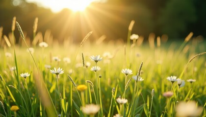 Golden Sunlight Illuminates Peaceful Meadow of White Daisies