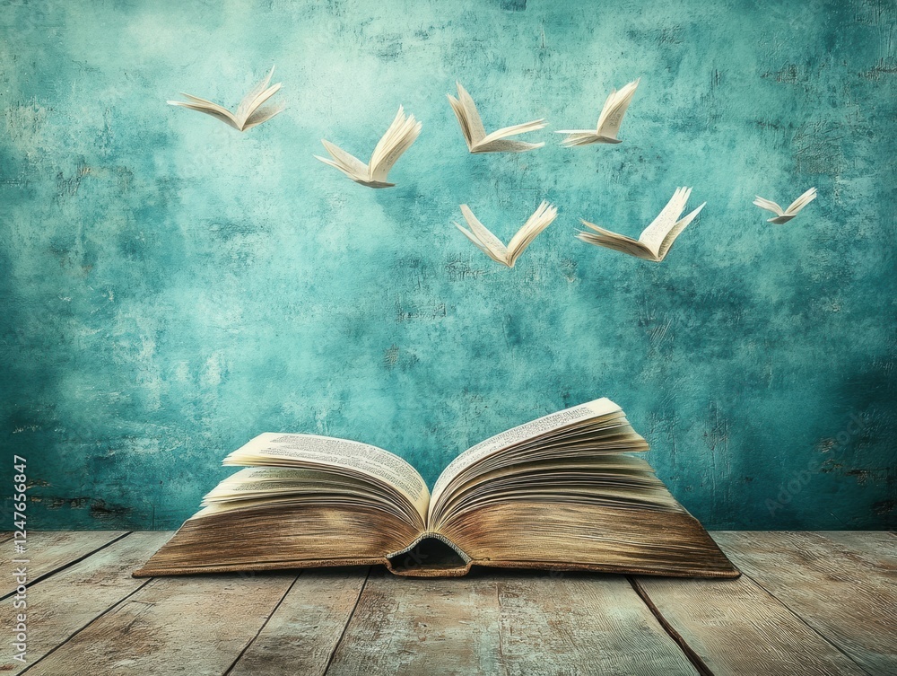 Poster flight of stories open book and pages transform into birds in dreamy teal textured backdrop