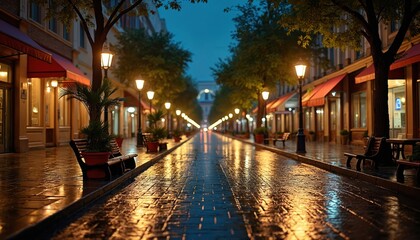 Fototapeta premium Rainy night urban street scene. Wet pavement reflects illuminated lamp posts. City shops with red awnings. Quiet evening atmosphere. Wet street after shower. Urban urbanisation paseo. Quietness