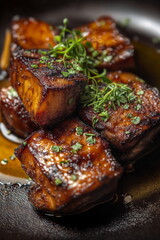 Succulent glazed pork belly with fresh herbs