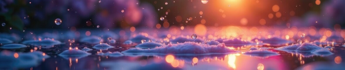 Obraz premium Delicate droplets suspended in mid-air, refracting light, shimmering, delicate, liquid