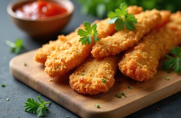 Crispy golden chicken strips on wooden board. Appetizer is ready to eat. Delicious crunchy coating. Served with a side of red sauce. A perfect snack or meal option.