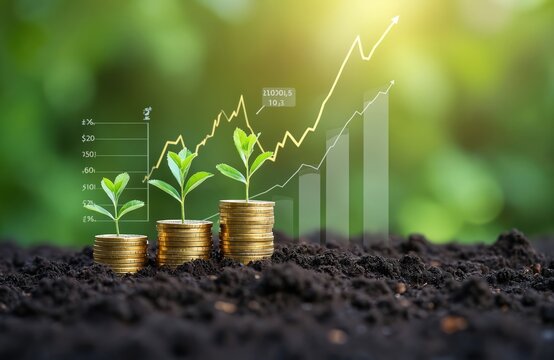 Stacks of gold coins grow with small plants growing out of. Graph of increasing values overlays image. Eco friendly investment concept. Sustainable financial growth. Renewable energy opportunities