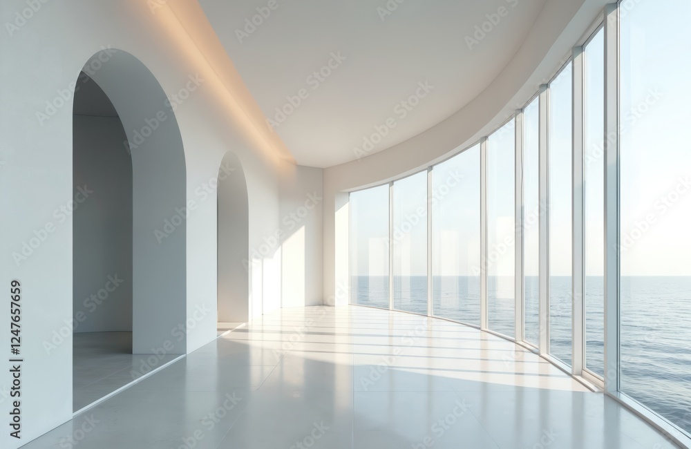 Poster empty white corridor with large windows offering ocean views. modern architecture with arched doorwa