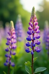 Obraz premium Delicate lupine flowers sway gently in the breeze, , field, spring
