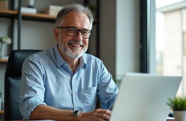 Smiling mature businessman works on laptop in office. Happy senior executive uses computer at desk. Pro man in casual attire sits at home office. Elderly person enjoys work. Modern office setting