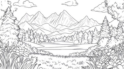 Mountain lake landscape coloring page, nature scene