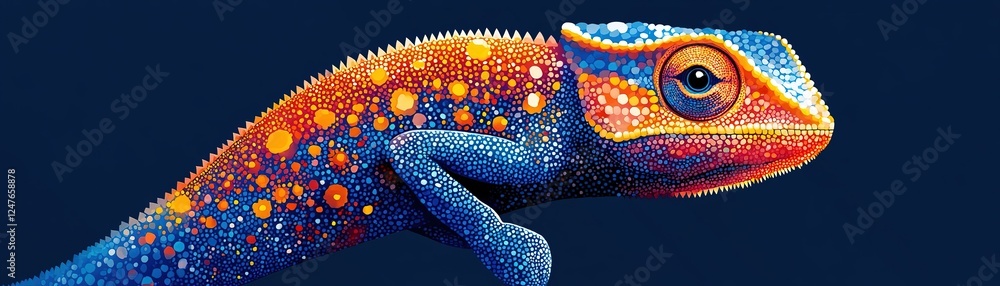 Poster vibrant chameleon displaying colorful patterns close-up digital art dark background artistic perspec