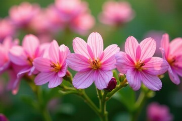 Fototapeta premium Delicate pink Erinus alpinus flowers blooming in a horizontal row, petals, blooms