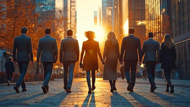 Business Stroll: A diverse group of professionals strides confidently along a city street. The sunlight bathes the scene in a warm glow. 