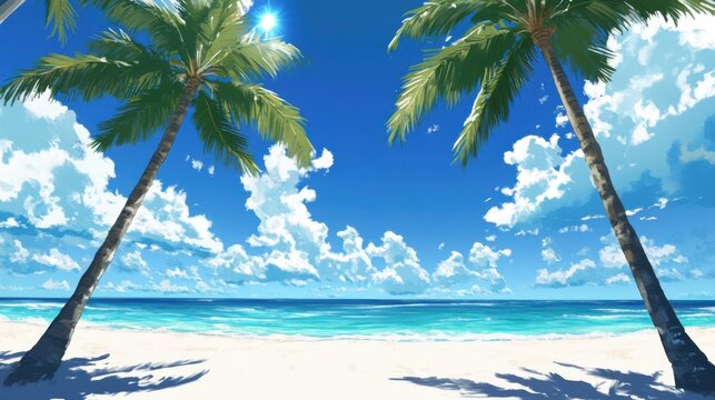 tropical beach scene with palm trees and clear sky
