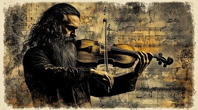 Bearded man playing violin against vintage music score background.