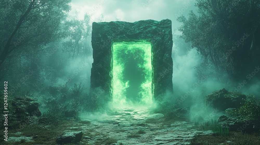 Poster mysterious portal activation enchanted forest digital art surreal environment ground level view fant