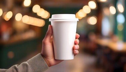 Hand holding plain blank take away paper cup mock up on a blurred bokeh empty coffee shop background. Coffee paper cup concept
