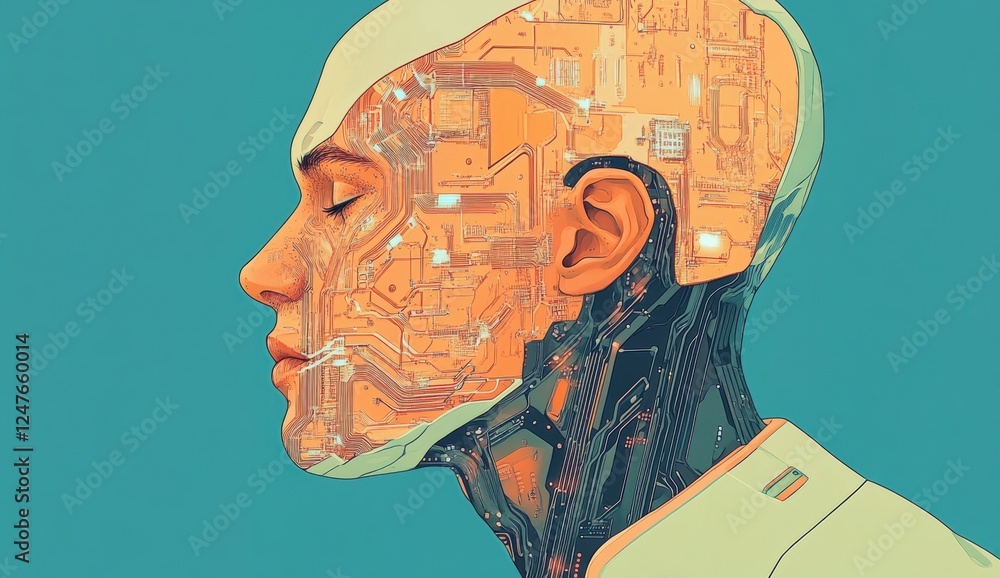 Poster abstract profile of a man with a circuit board head, symbolizing the concept of artificial intellige