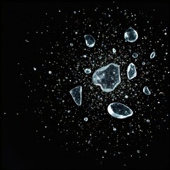 Glass fragments scattered on a black background, clear, cracks, sharp