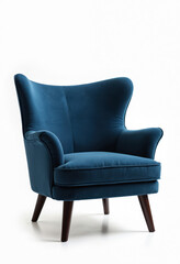 Trendy dark blue armchair on white background. Modern single seater easy chair. Stylish furniture piece perfect for contemporary living room. Luxurious, comfortable design. Ideal for home decor.