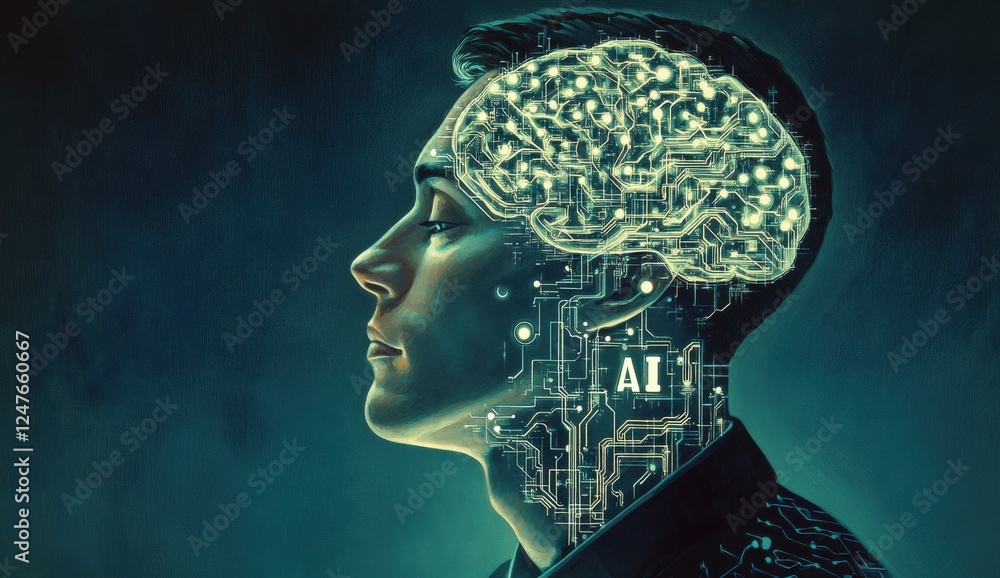 Poster elegant ai concept art of a refined man with his profile filled by circuit board patterns, against a
